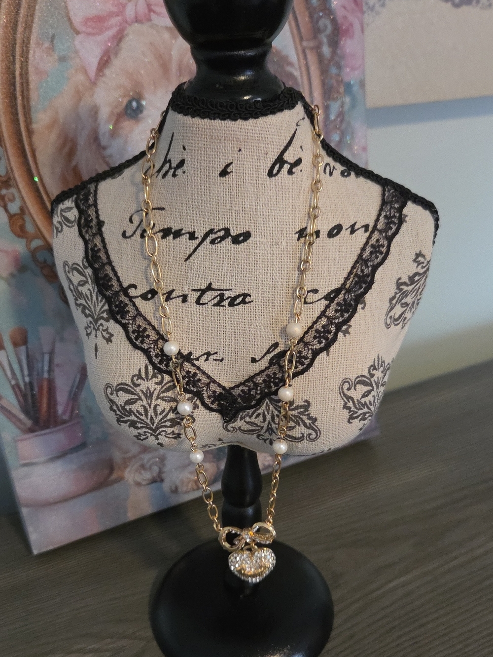 Juicy Couture Gold-Tone Chain Necklace with Pearl Beads and Crystal Heart